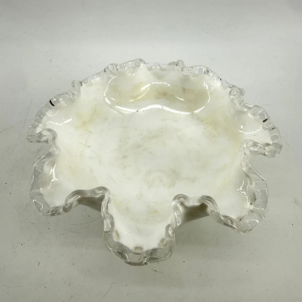 Vtg Fenton Silver Crest Milk Glass Compote Bowl Ruffled Edge Pedestal Candy Dish